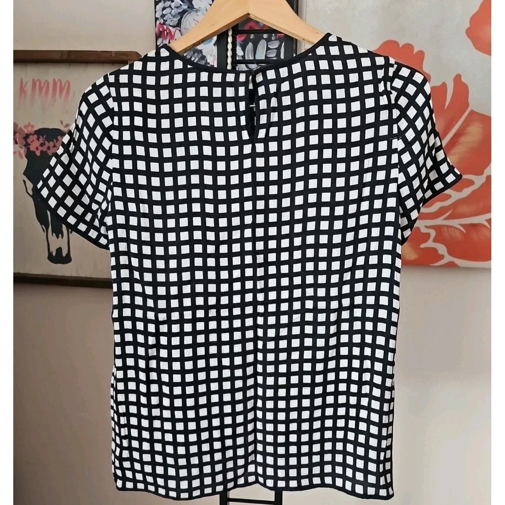 J‎ CREW Women's Tipped Silk Tee Black White Windowpane Short Sleeve Top Size 2